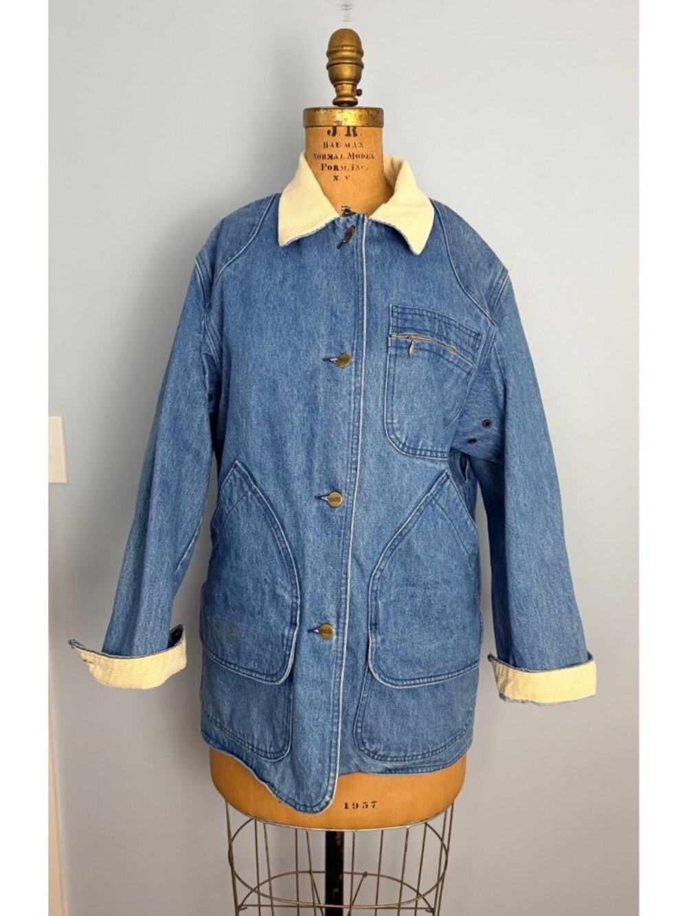 Vintage L.L. Bean Womens Size M Denim Barn Chore Jacket Corduroy Collar & Cuffs